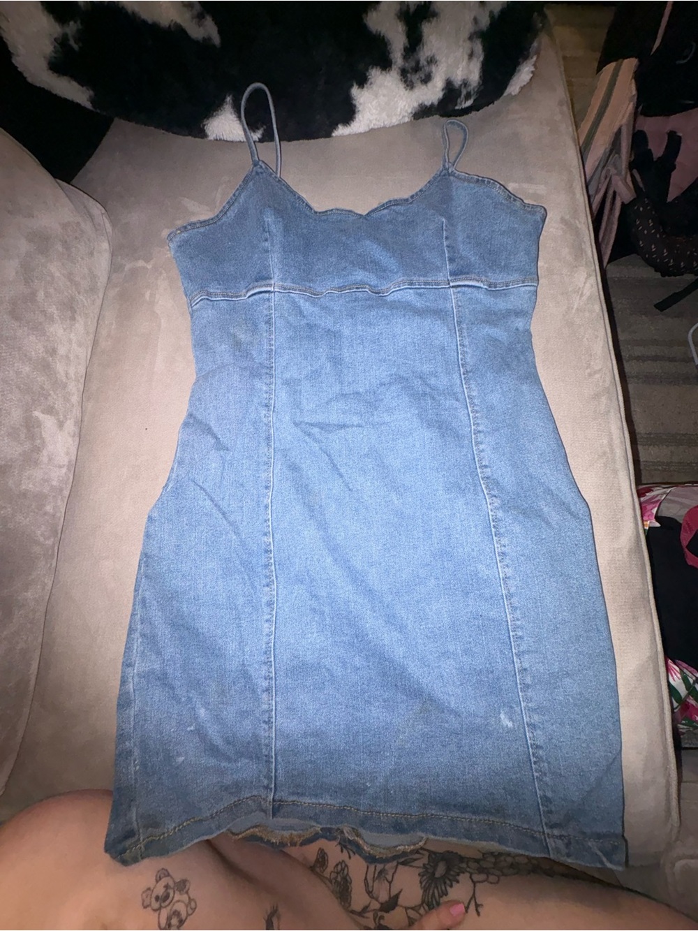 Denim Spaghetti Strap Mini Dress - Blue